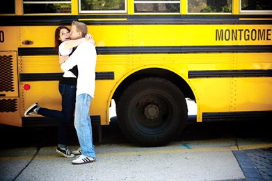 man and woman hugging in front of school bus  at Brookside Gardens in Wheaton MD