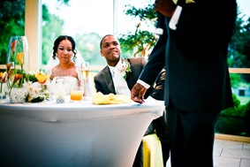 bride and groom listening to toast at the Newton White Mansion in Mitchellville MD
