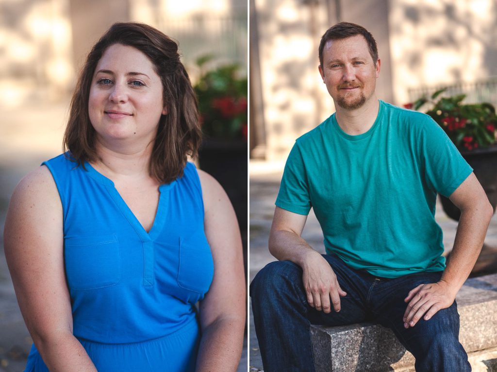 Two pictures of a man and woman sitting on steps.