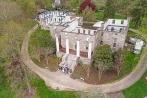 An aerial view of a large stone house perfect for Maryland Wedding Photography.