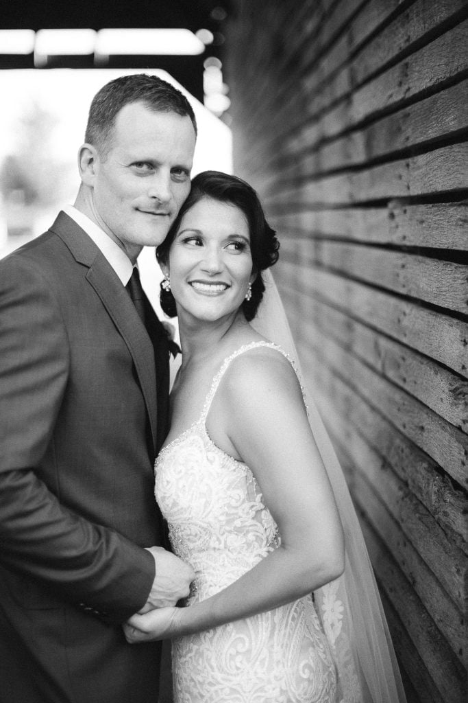 A black and white wedding portrait.