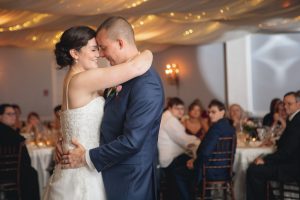 A couple sharing their first dance at their wedding reception.