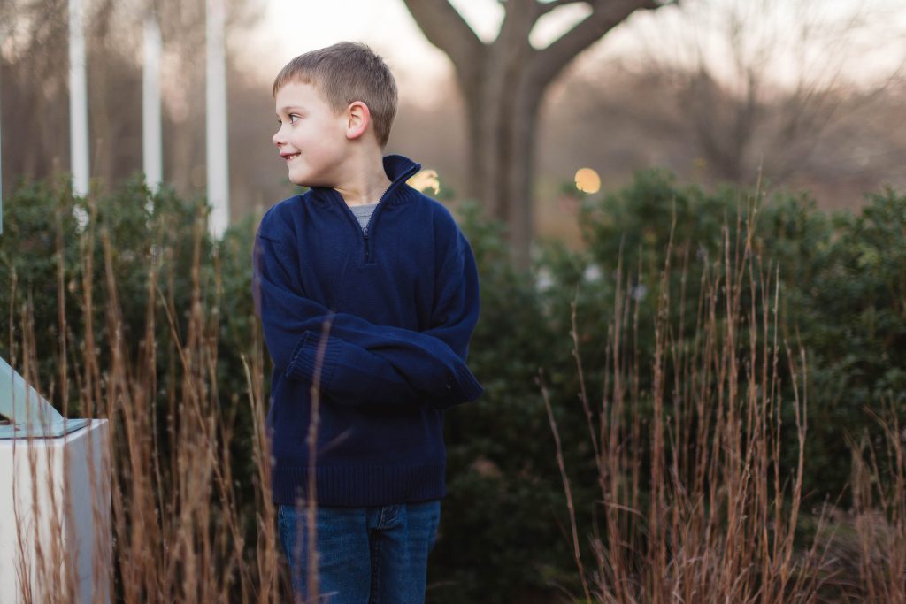 A young boy standing in front of tall grasses, captured at Quiet Waters Park for family portraits.