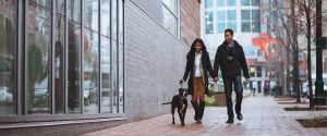 A couple walking their dog in Downtown Silver Spring.