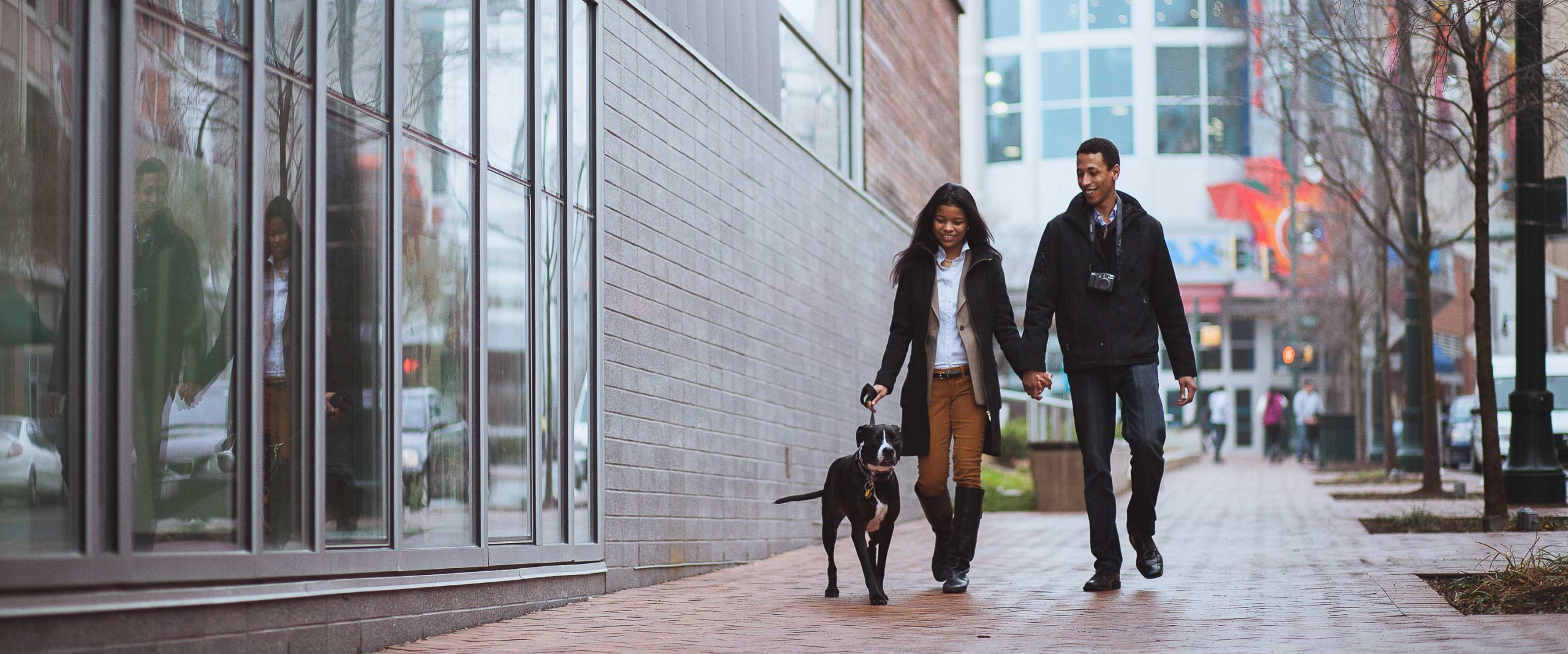 A couple walking their dog in Downtown Silver Spring.