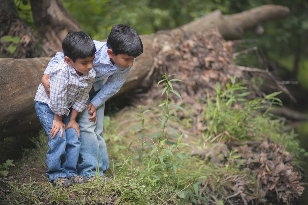 Two boys standing next to a fallen tree at Locust Grove Nature Center in Maryland.