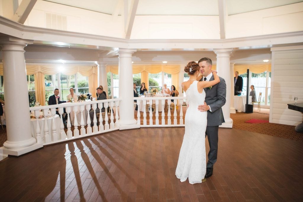 A bride and groom sharing their first dance at the Kent Island Resort in Stevensville, Maryland.