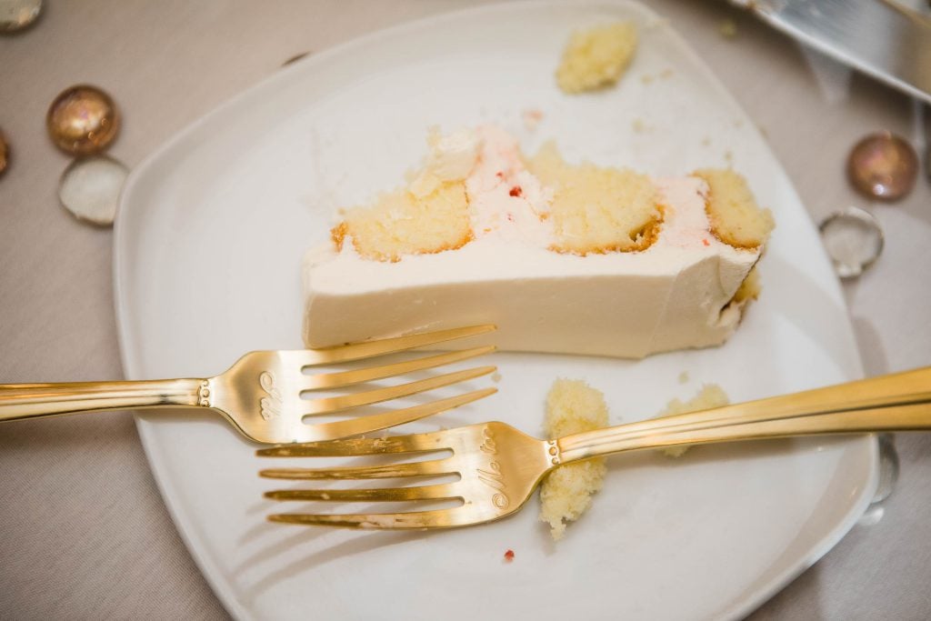 A piece of cake on a plate at Kent Island Resort.