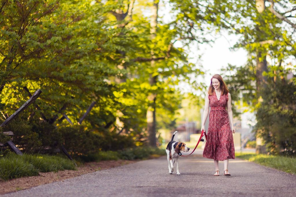 A woman walking her dog near Montpelier Mansion in Maryland.