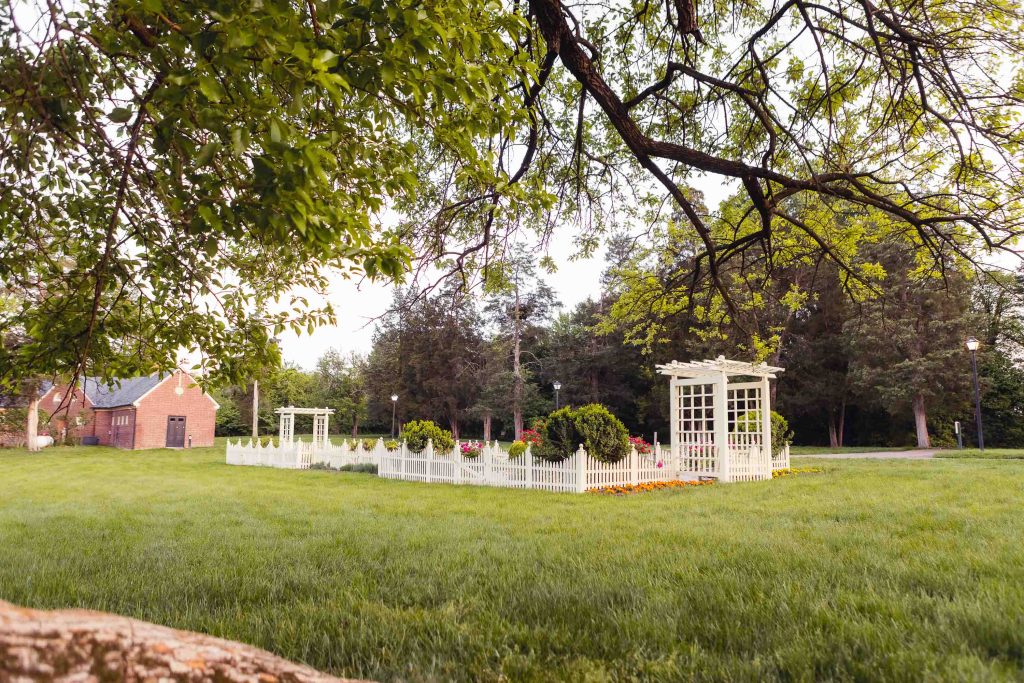 A white gazebo is in the middle of Montpelier Mansion grounds in Laurel, Maryland.