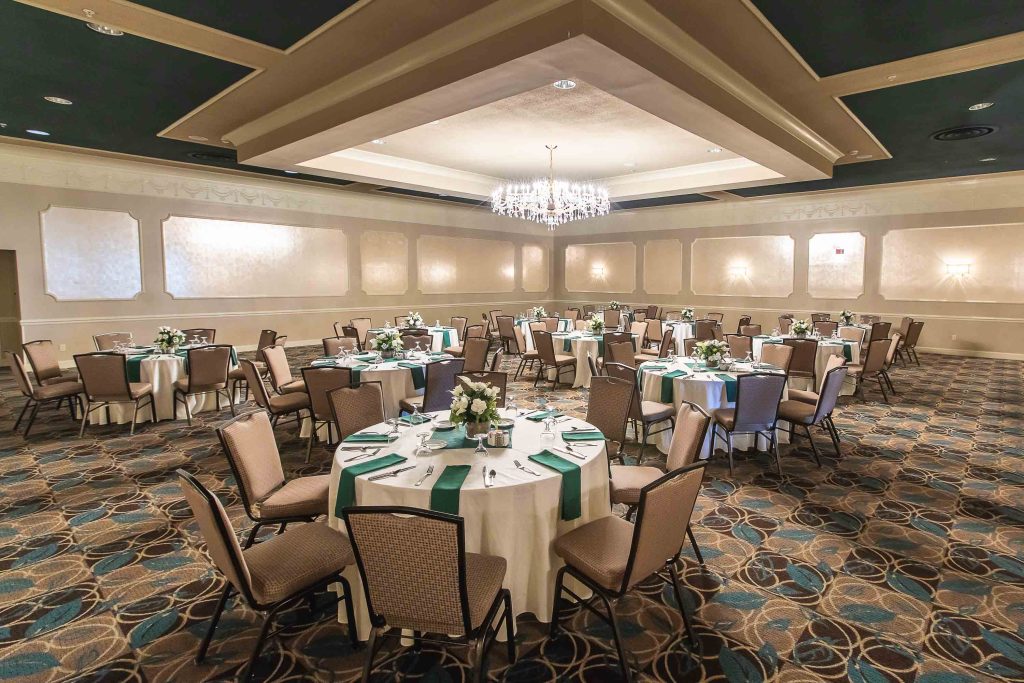 A large ballroom at Turf Valley Resort in Ellicott City, Maryland with tables and chairs.