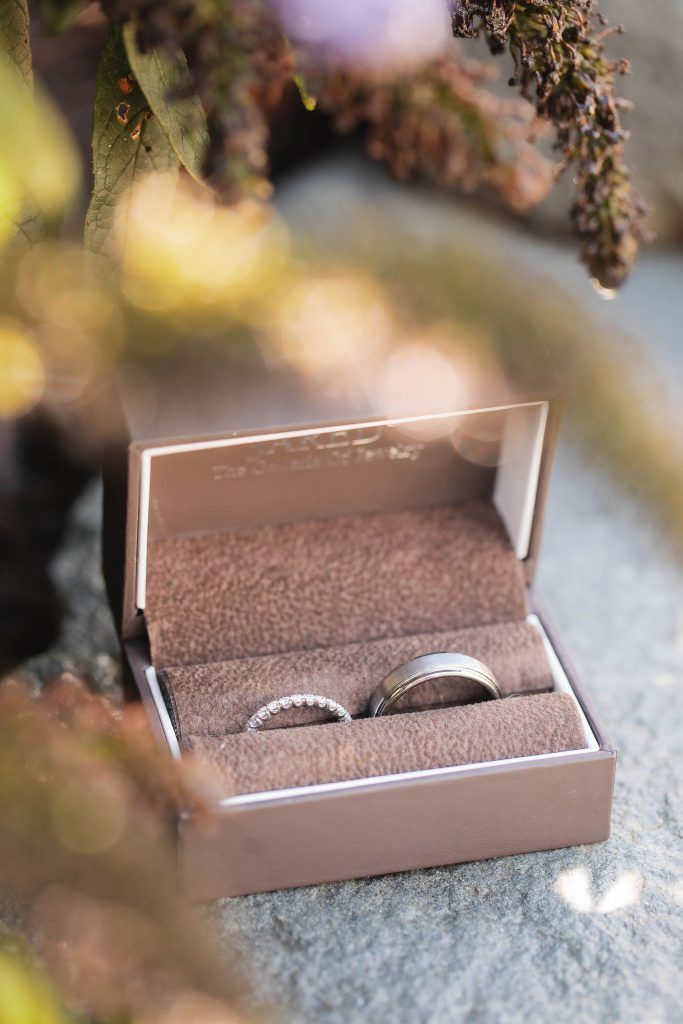A wedding ceremony detail showcasing two glistening wedding rings enclosed in a box atop a smooth rock at Fleetwood Farm Winery.