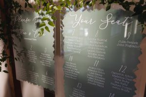 A wedding seating chart designed by Dragonfly Events and Design.