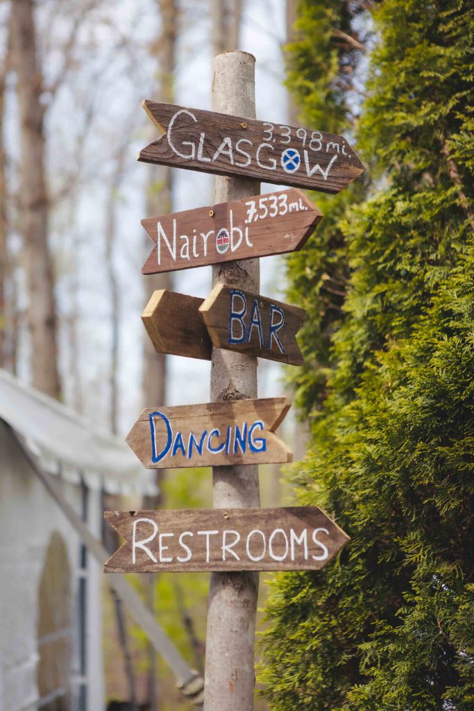 A group of wooden signs on a pole, perfect for adding details to a wedding.
