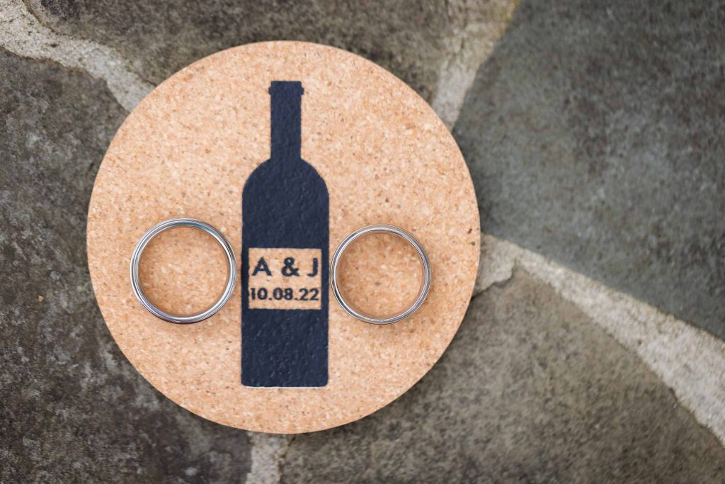Cork wedding coaster with intricate details.