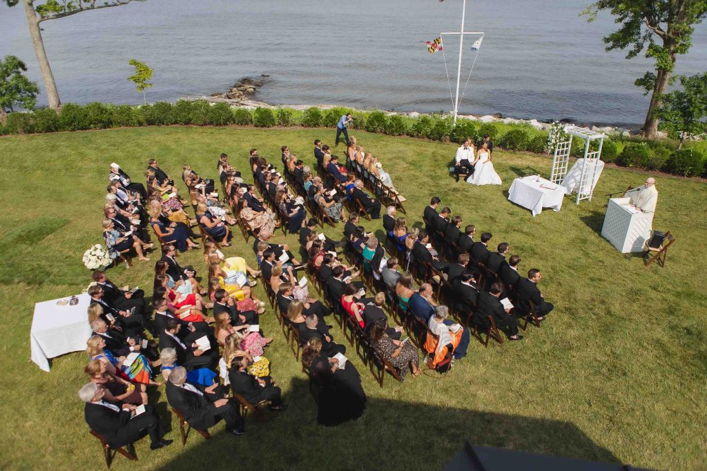 An aerial view of a wedding ceremony.