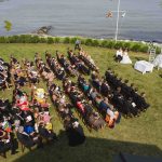 An aerial view of a wedding ceremony.