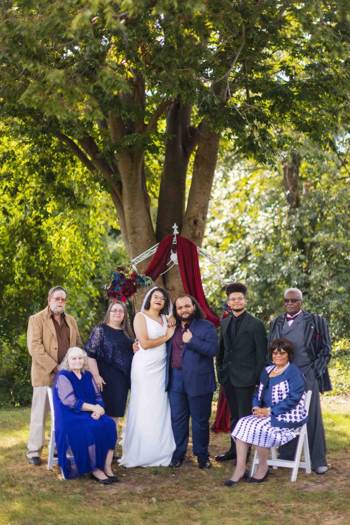 A portrait of a wedding party.