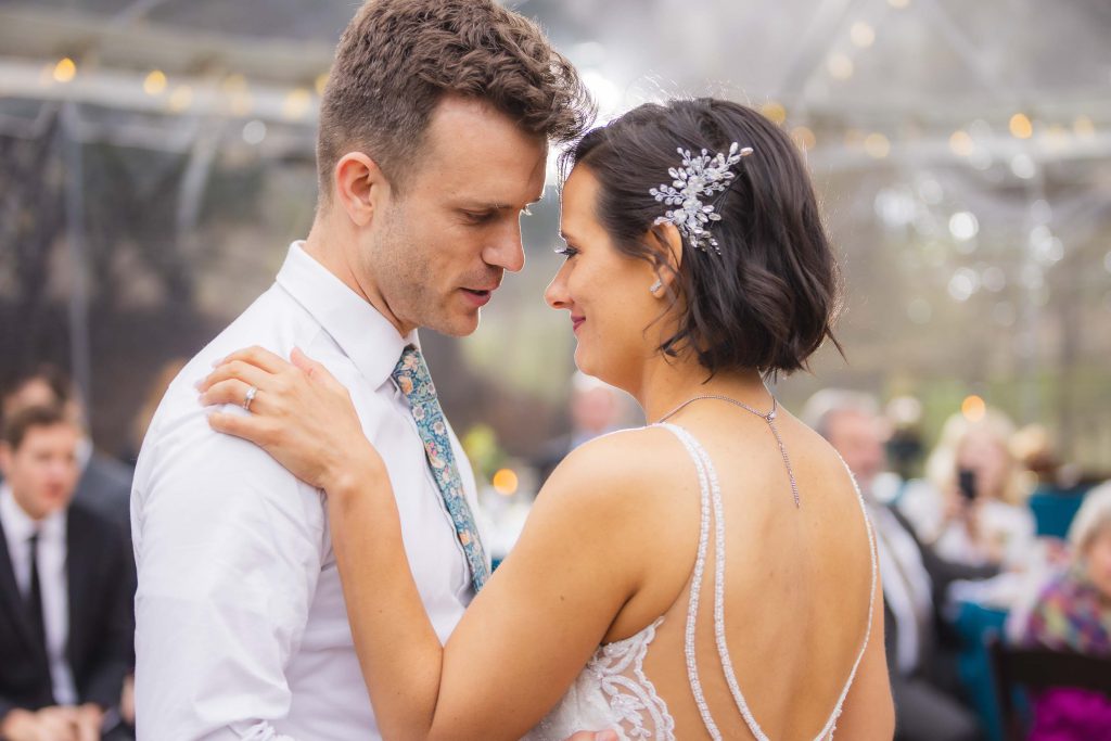 Bride and groom's first dance at a wedding reception.