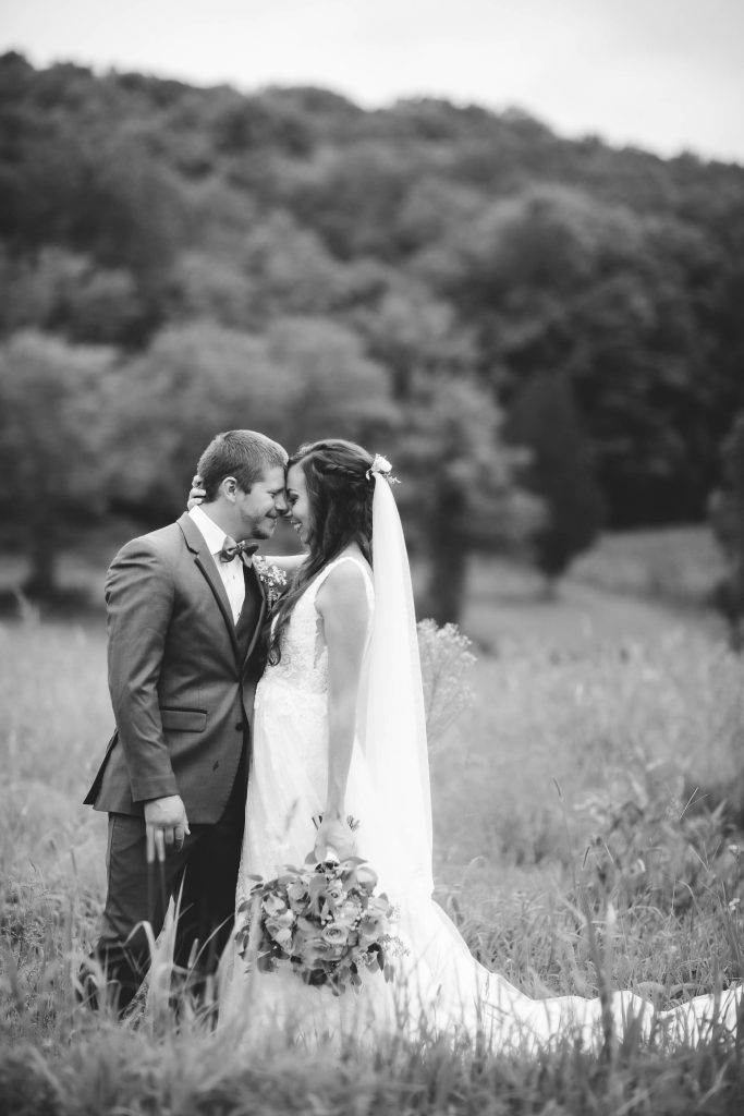 A couple exchanging vows in a scenic field.