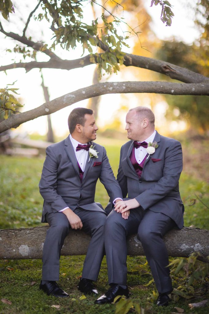 Two grooms sitting on a log in a wedding portrait.