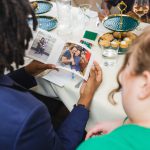 A group of people at a wedding reception sitting at a table looking at a photo.