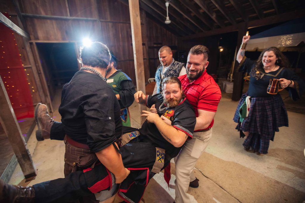A wedding reception in a barn.