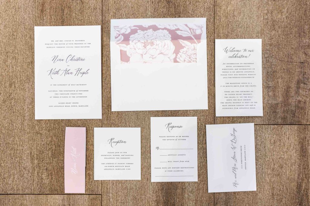 Wedding invitation set with pink and white details.