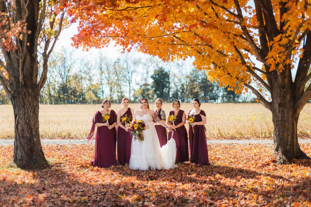 The bride and bridesmaids are posing for a wedding portrait in front of a fall tree.