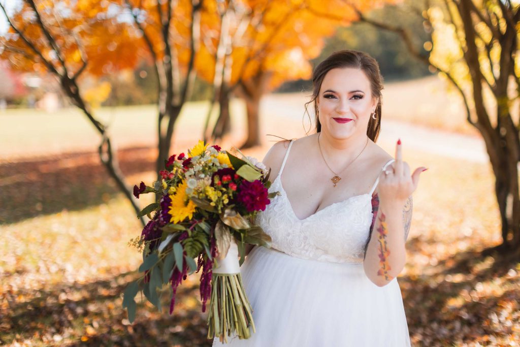 A wedding portrait in the fall.
