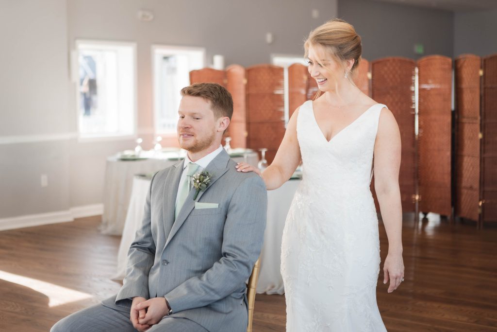 A candid moment of wedding preparation.