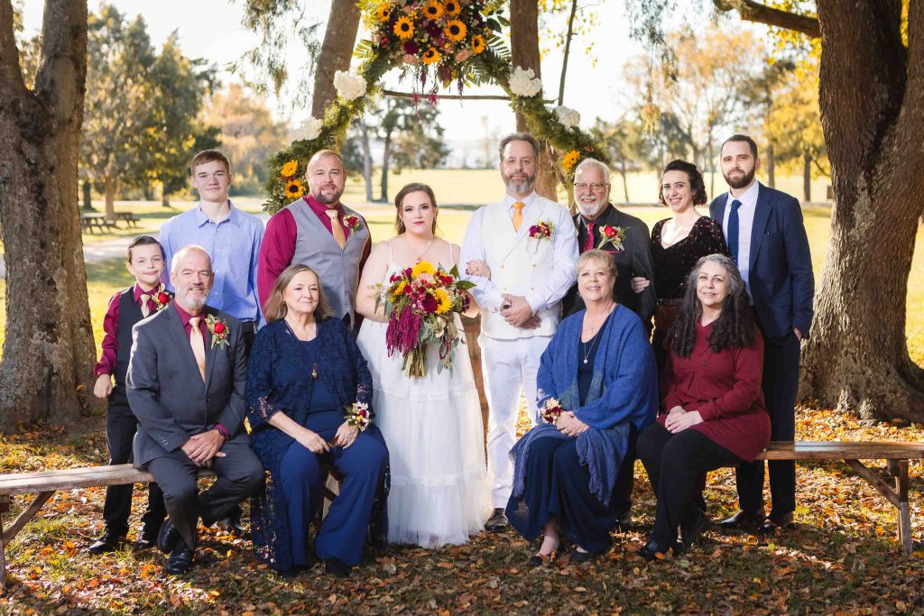 A group of people posing for a wedding portrait.