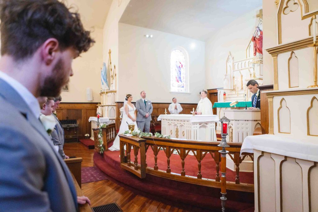 A wedding ceremony in a church.