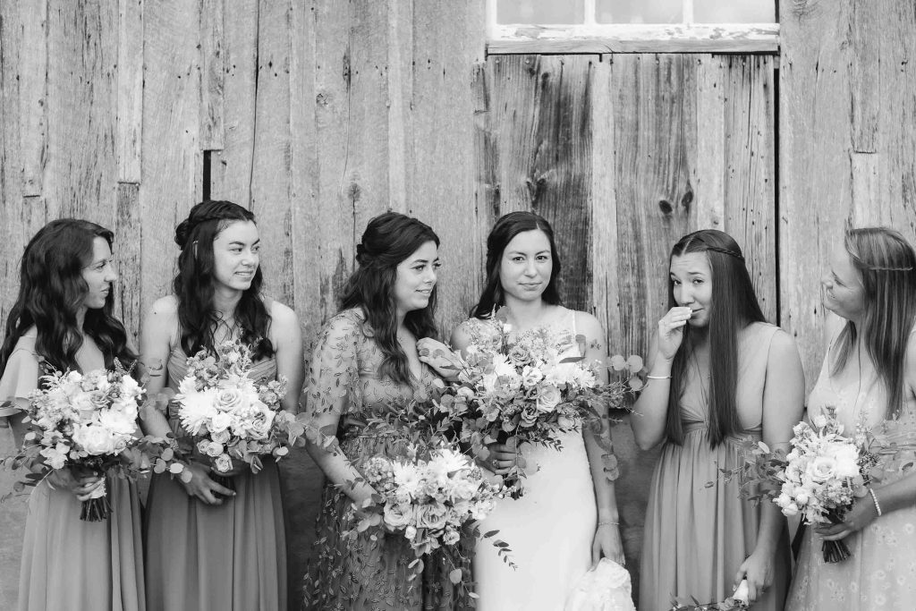 A wedding portrait of bridesmaids in front of a barn.