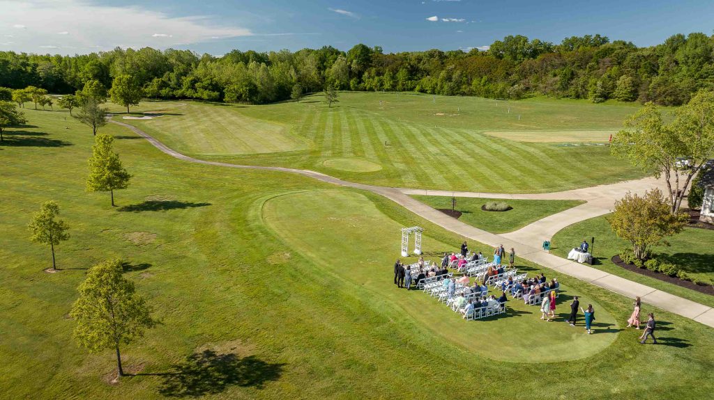 An aerial view of a golf course suitable for wedding ceremonies.