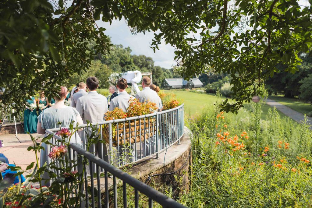 A wedding party standing on a railing overlooking a garden.