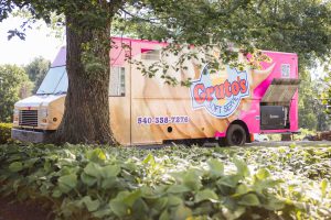 A pink food truck parked next to a tree, perfect for wedding details.