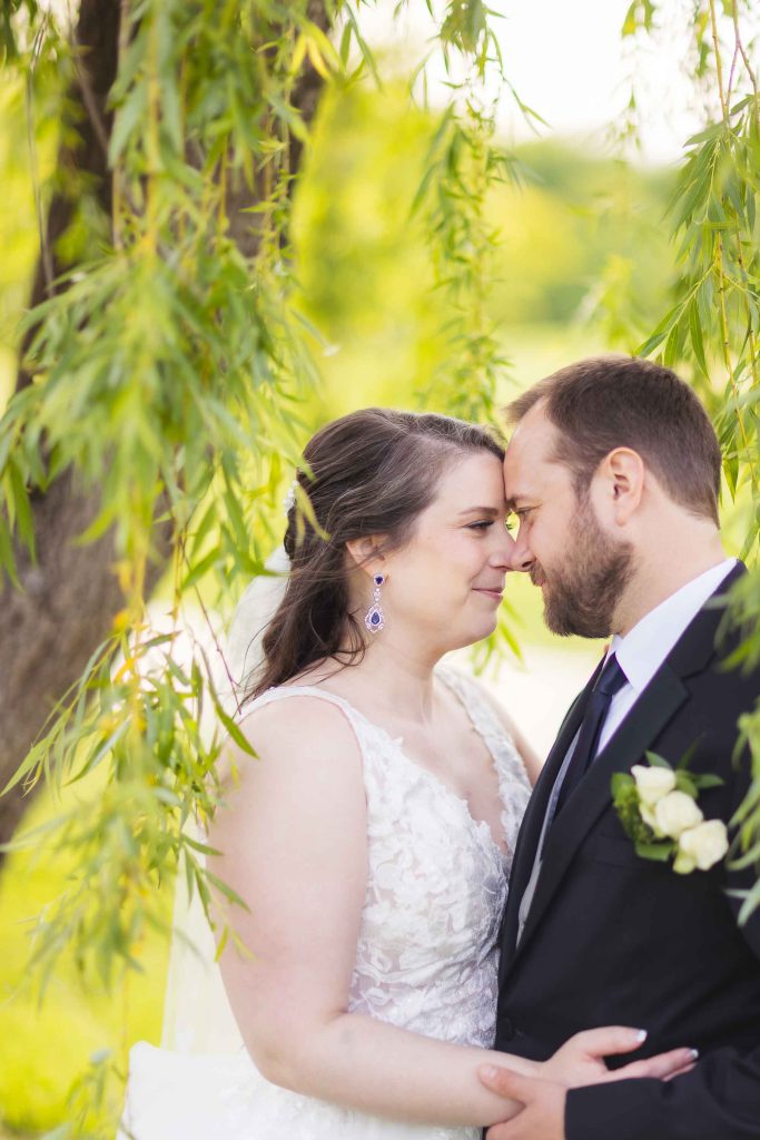 A wedding couple embraces under a willow tree.