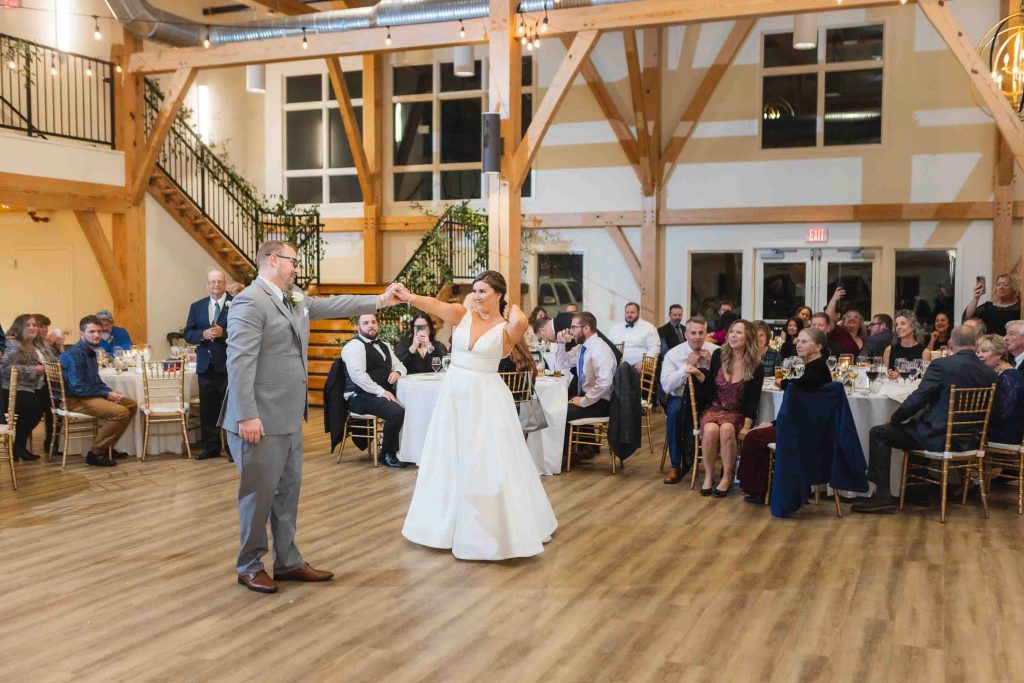 A couple sharing their first dance at their wedding reception.