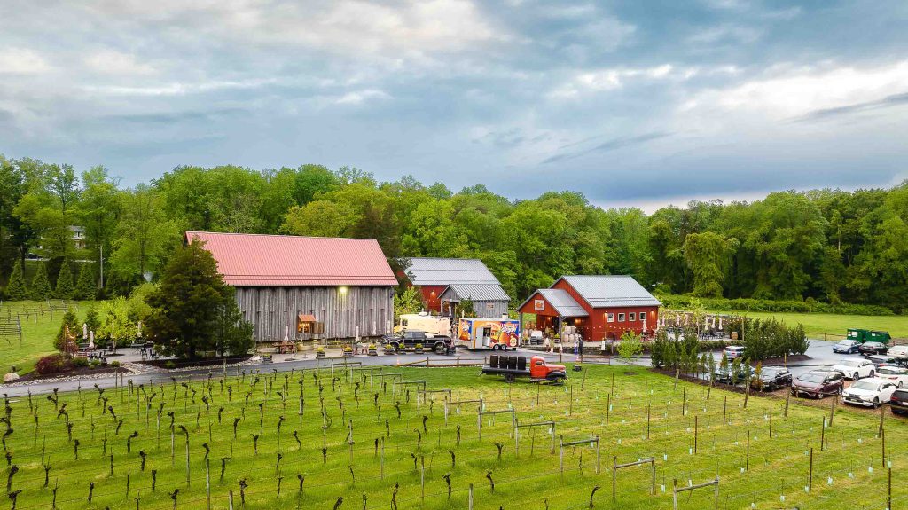 A vineyard hosting a lively quinceañera celebration with a lot of cars parked in front.