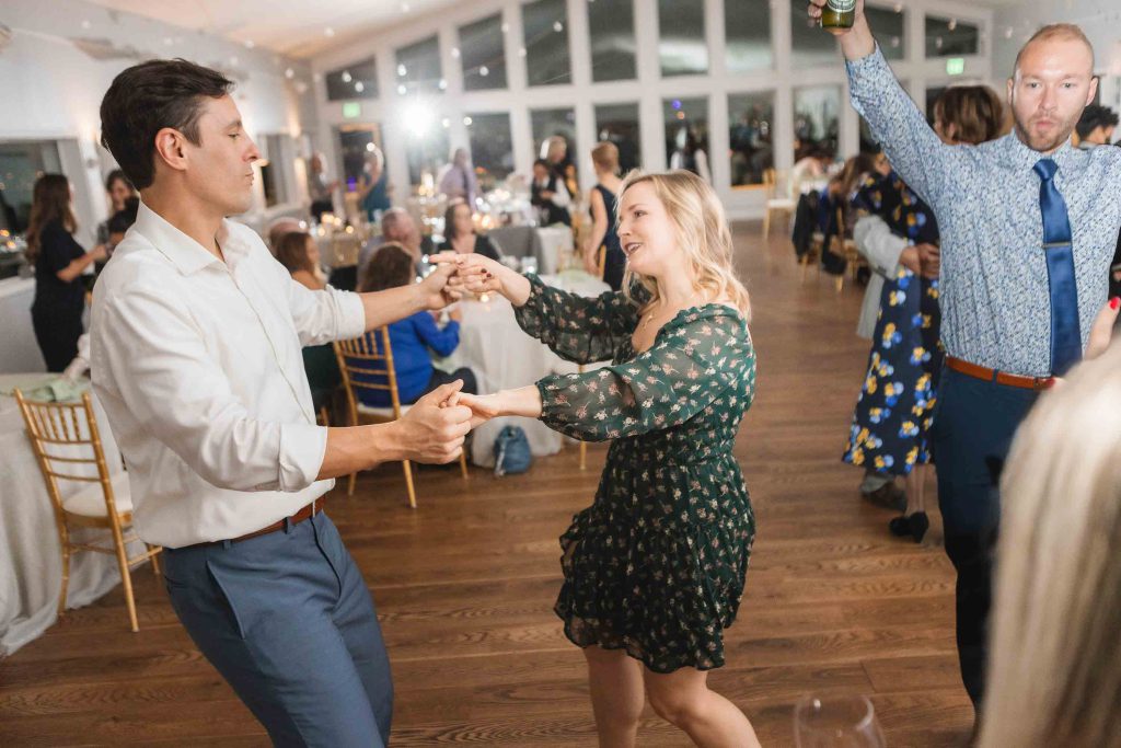 A wedding reception with dancing.