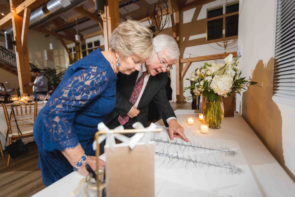 A man and woman admiring a wedding reception table.