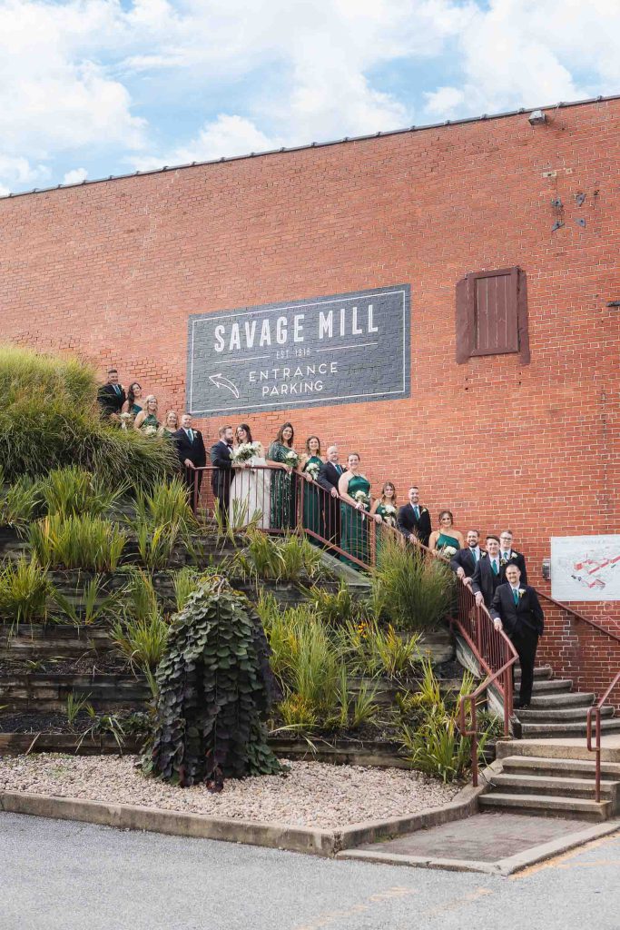 Wedding party portrait at Savage Mill