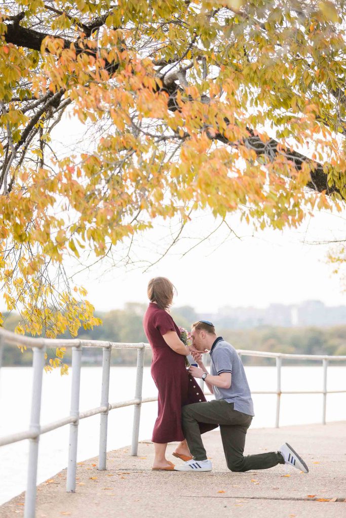 A couple is kneeling under a tree during their surprise engagement session.