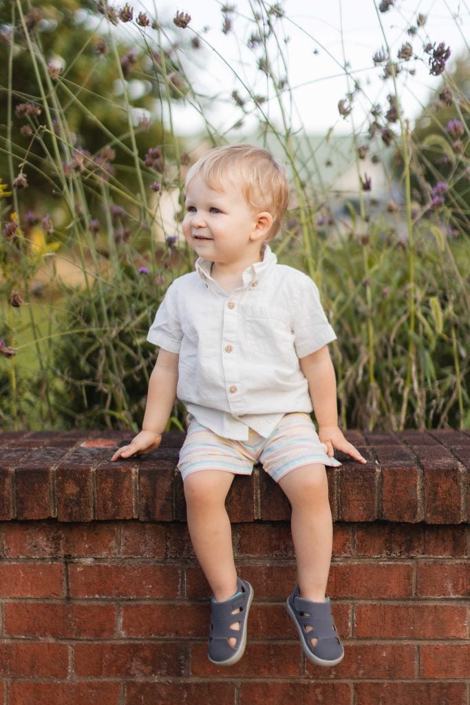 A toddler sitting on a brick wall in front of flowers at Quiet Waters Park.