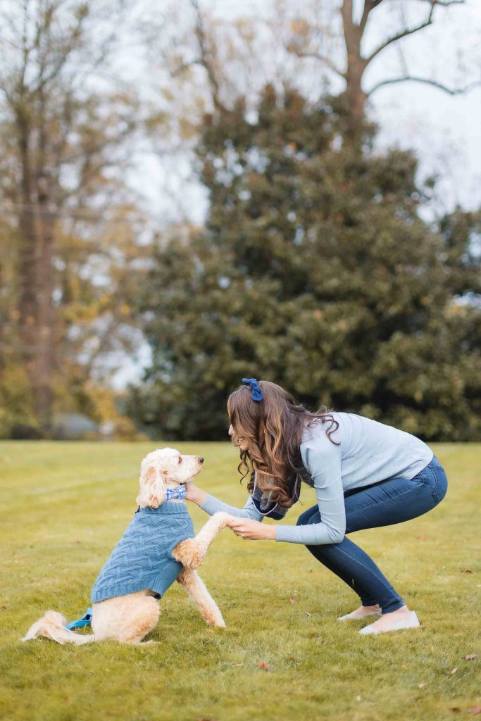 A woman wearing a light blue sweater and jeans squats on the grass, holding the paw of a dog dressed in a blue sweater. They are outdoors with trees in the background, capturing a heartwarming portrait during their mini-session at Belair Mansion.