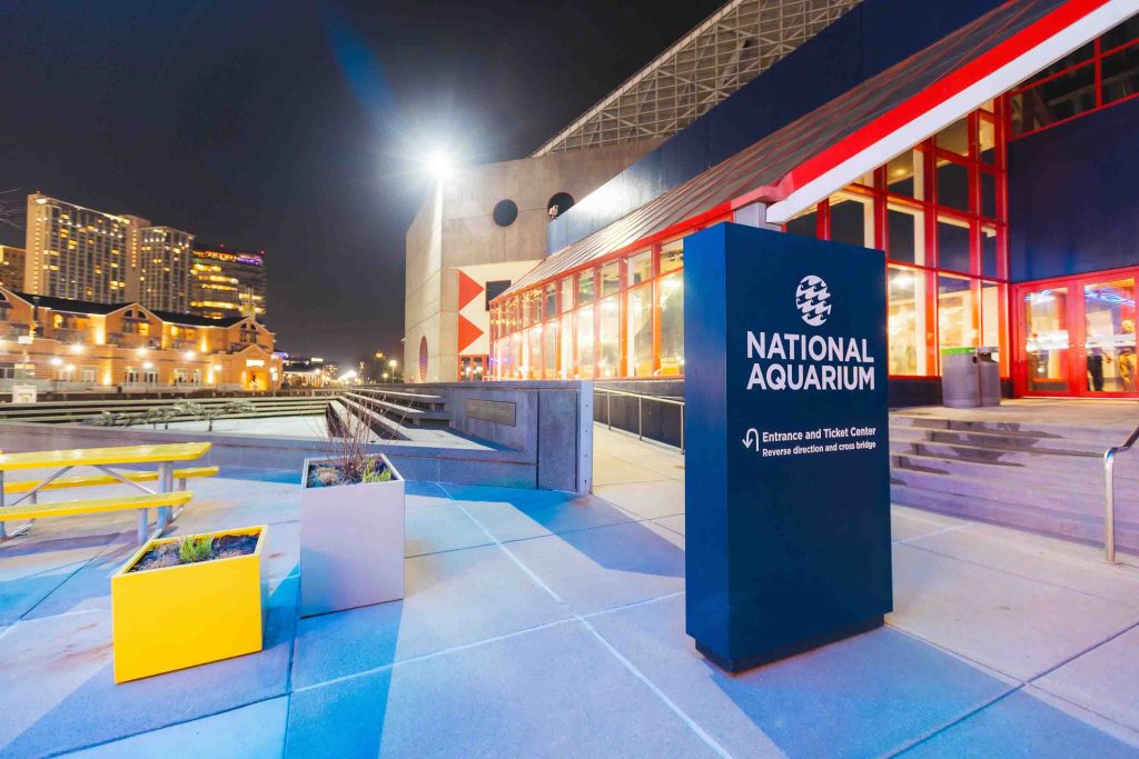Night view of the National Aquarium in Baltimore, with a blue sign in the foreground and the building beautifully illuminated by exterior lights.