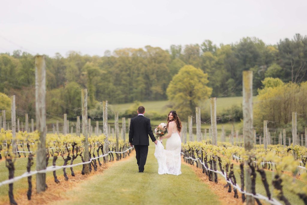 A bride and groom walk hand in hand down a vineyard path at The Barns at Hamilton Station, surrounded by rows of grapevines with green foliage and a backdrop of trees. The bride holds a bouquet and wears a flowing white dress, creating the perfect wedding portrait.