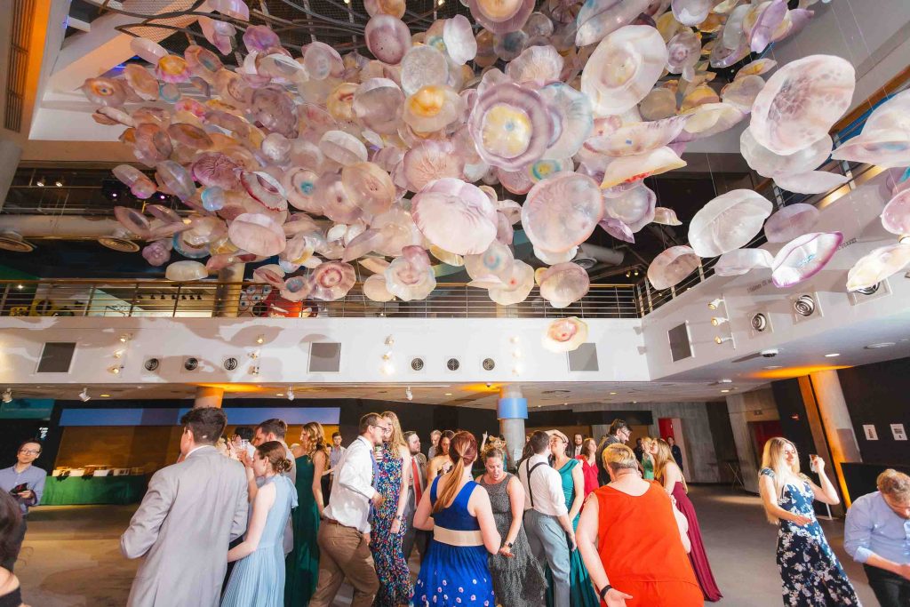 A group of people in formal attire gather and socialize under a large ceiling installation of translucent jellyfish sculptures at a brightly lit National Aquarium event space in Baltimore.